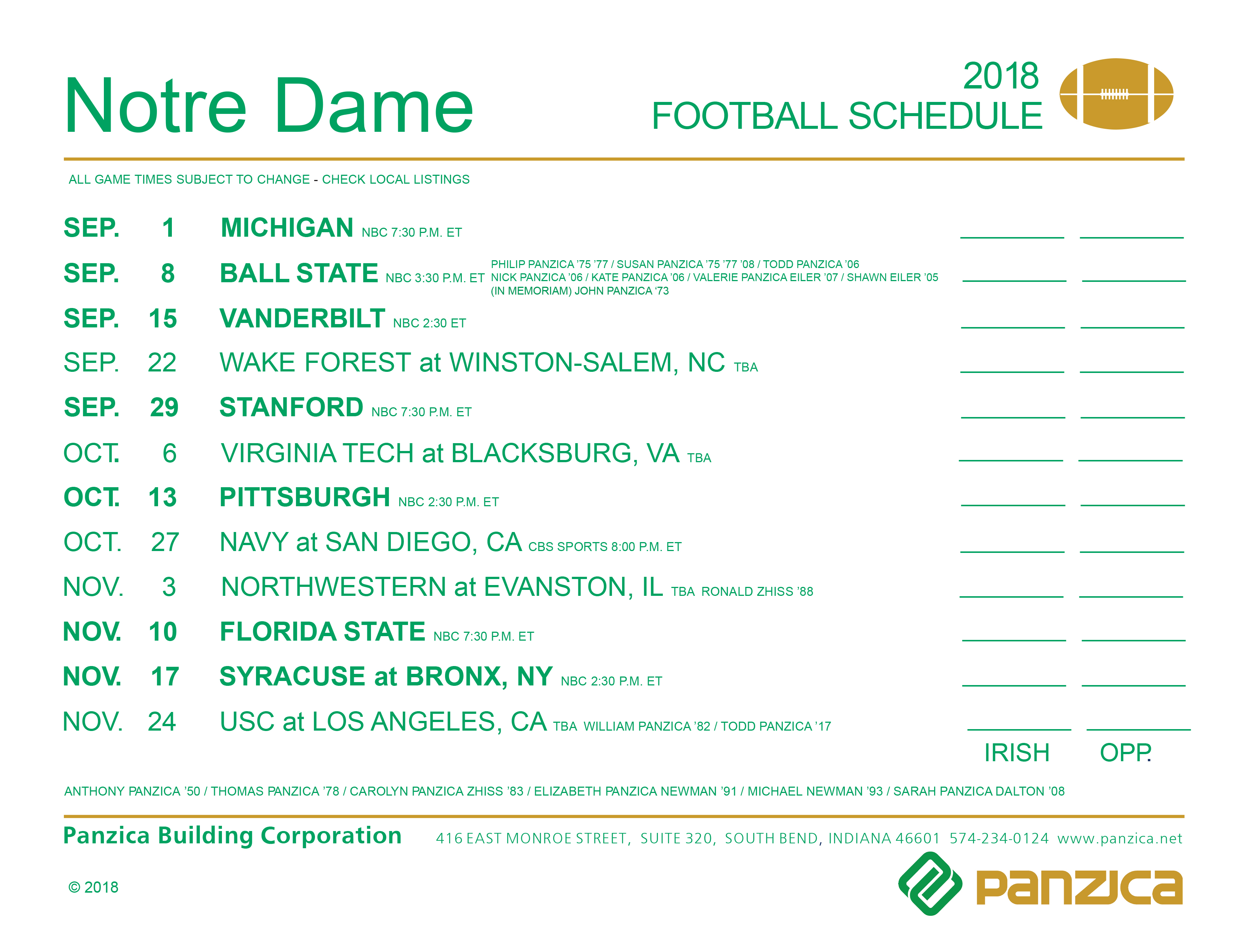 notre dame football schedule - panzica building corporation